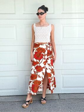 Vintage Floral Wrap Maxi Skirt 60s 70s Resort Wear White Orange & Rust Polyester